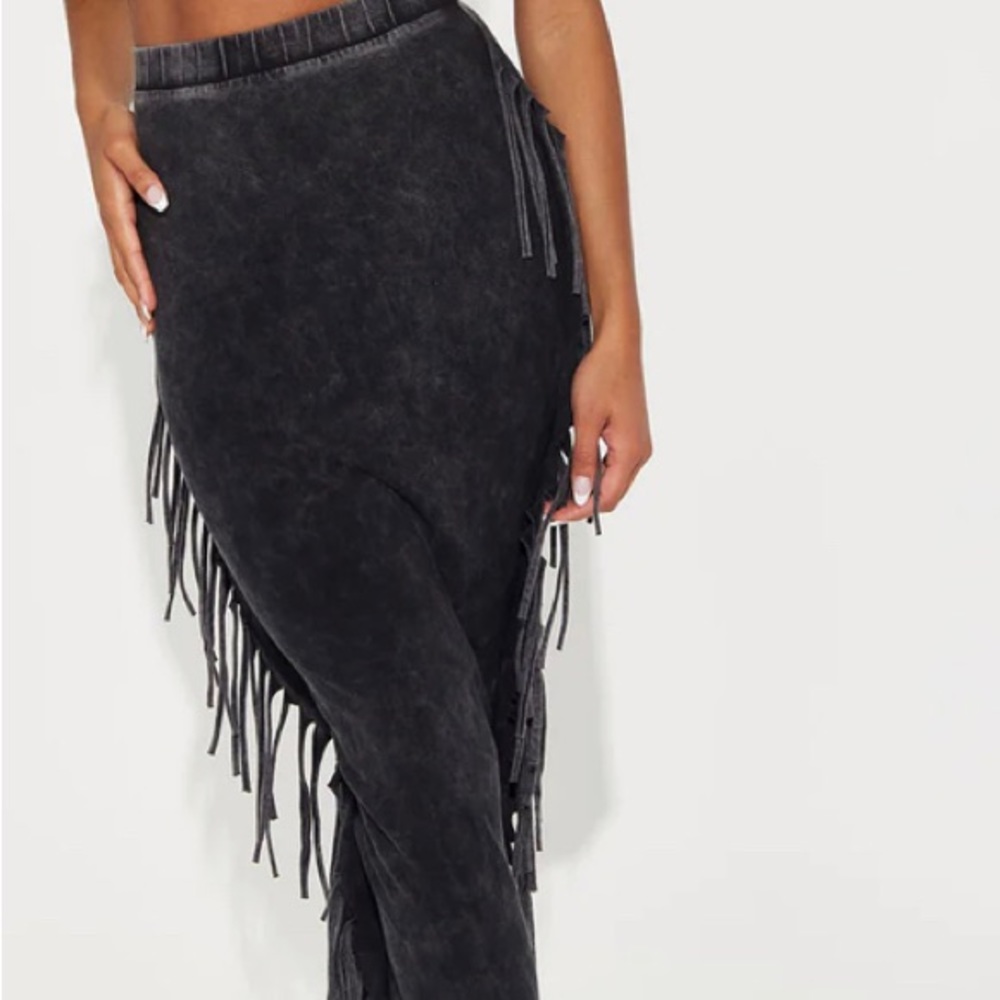 Black denim washed fringe maxi skirt